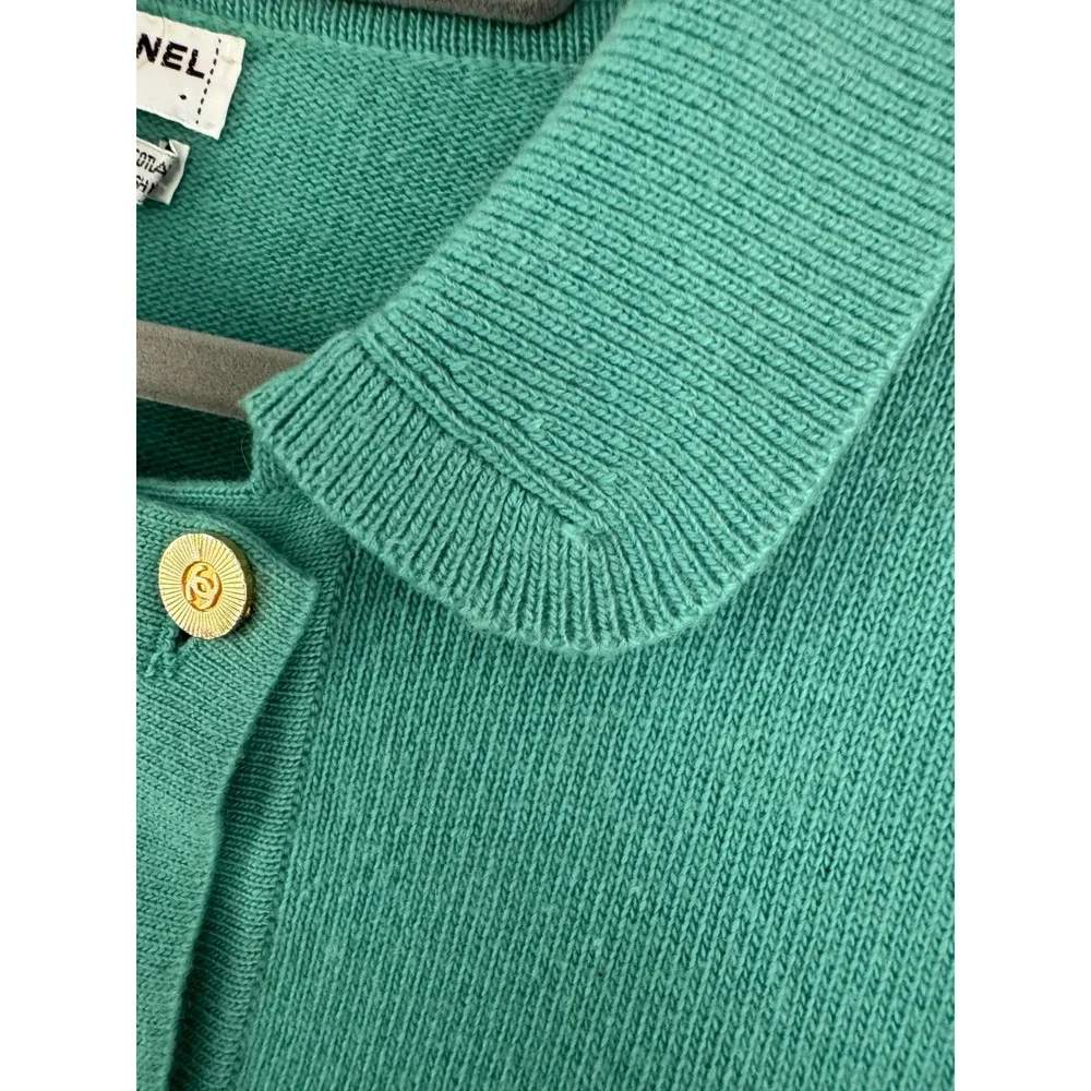 Chanel Vintage Cashmere Skirt Suit Teal Green Gold CC Buttons Scotland Sz 8 10
